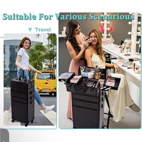 5 in 1 Professional Makeup Train Case Aluminum Cosmetic Case Rolling Makeup Case - Picture 3 of 9